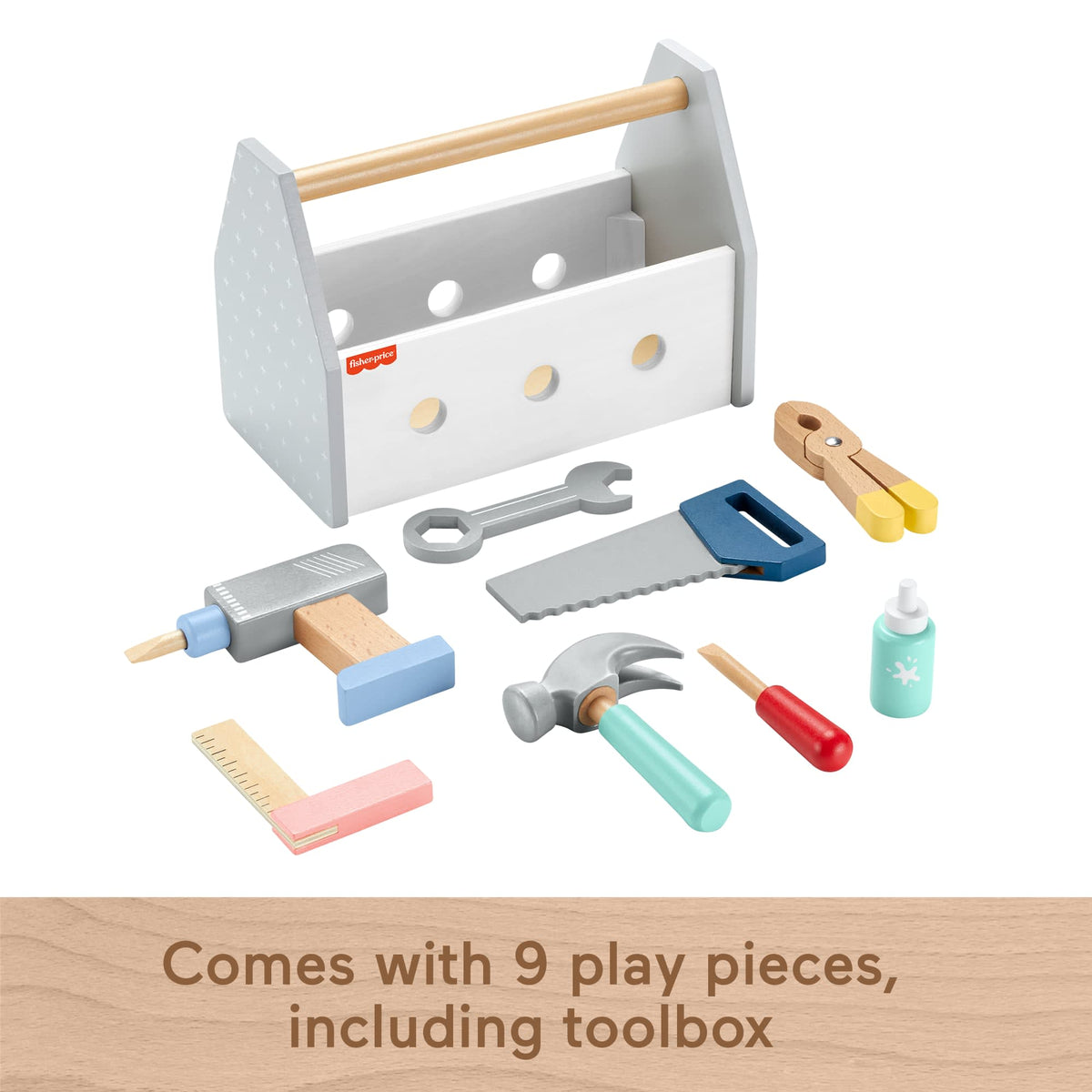 Fisher-Price Wooden Tool Box Set For Preschool Pretend Play, 9 Wood Pieces