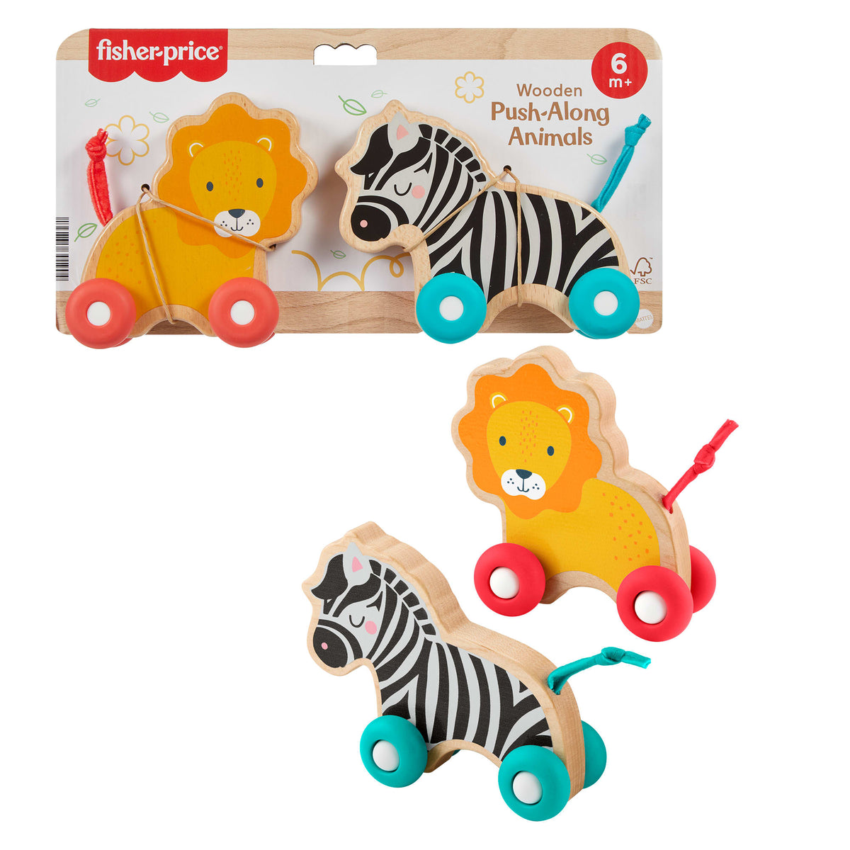 Fisher-Price Wooden Push Along Animals, Lion & Zebra Toy Vehicles For Baby Crawling Play